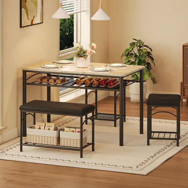 Dining Table Set for 4 with Benches & Stools