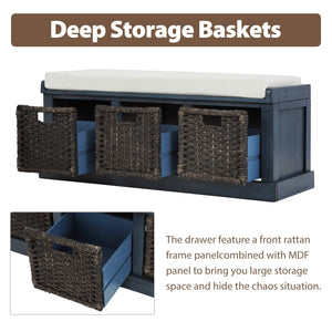 Farmhouse Entryway Storage Bench with Cushioned Seat & Rattan Drawers