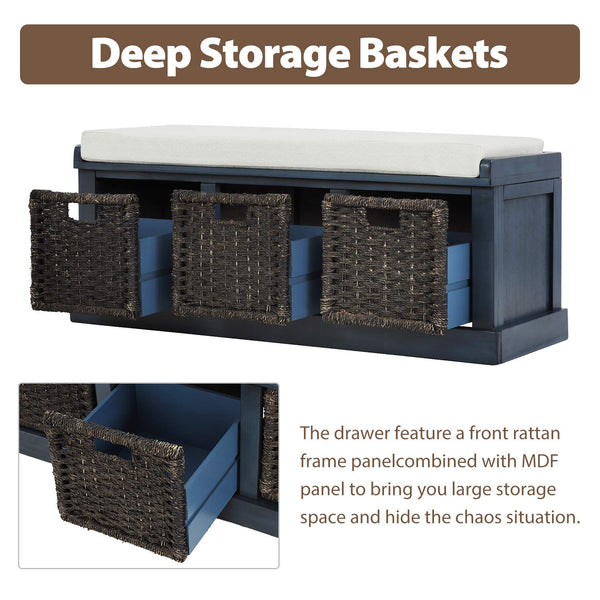 Farmhouse Entryway Storage Bench with Cushioned Seat & Rattan Drawers