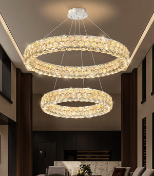 Dual Ring Crystal LED Chandelier – Dimmable Ceiling Light, Silver