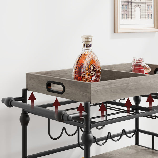 3-Tier Rolling Bar Cart with Wine Rack & Removable Tray