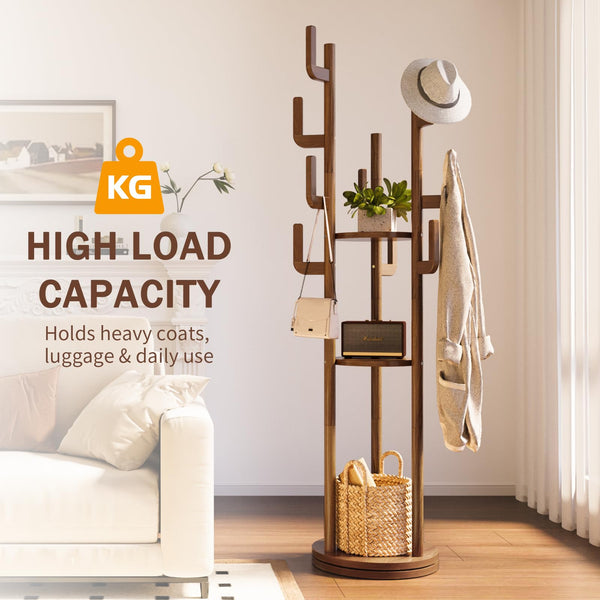 360° Rotating Freestanding Coat Rack with 9 Hooks & 3 Shelves – Solid Rubberwood Hall Tree