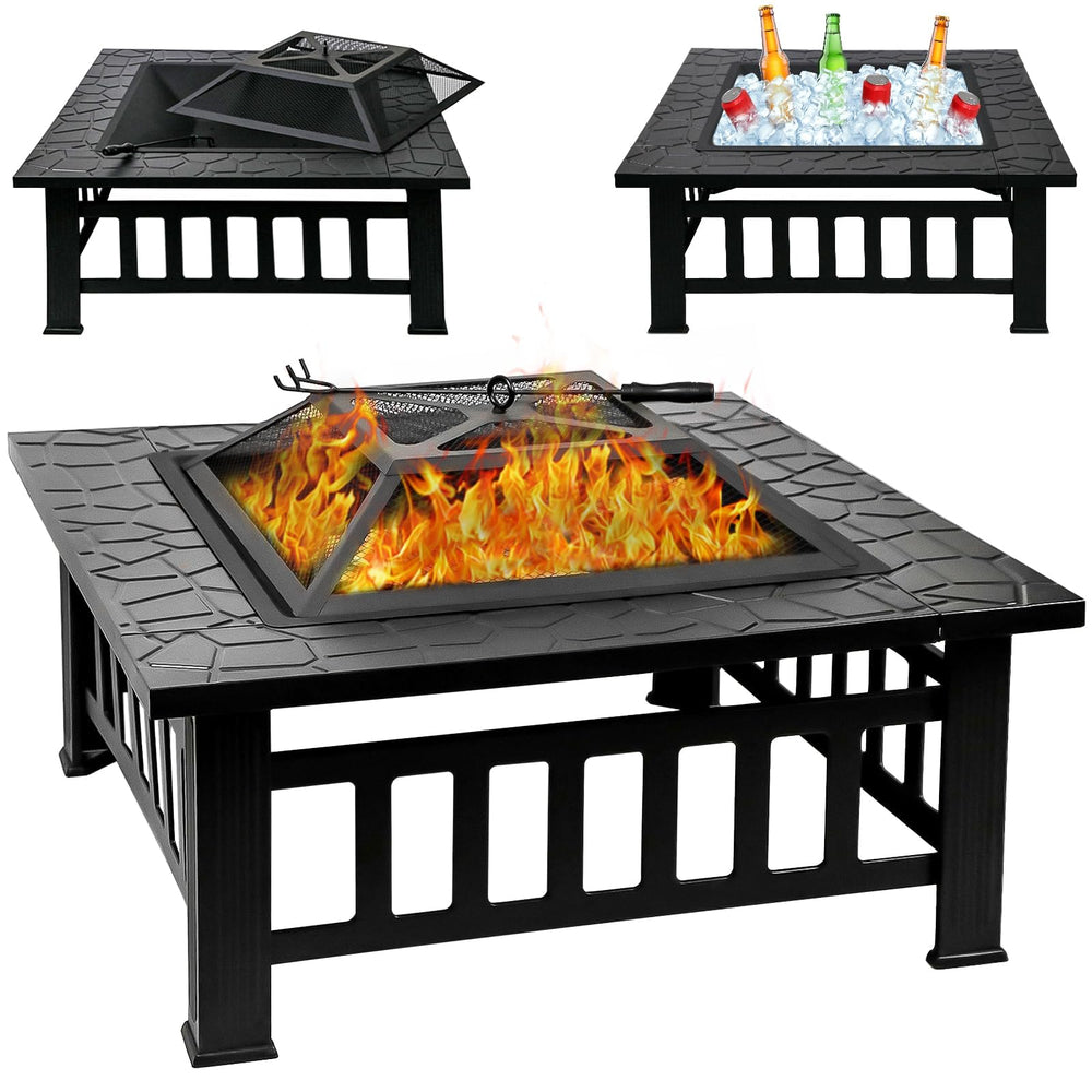 32-Inch Square Fire Pit with Spark Screen & Fire Poker