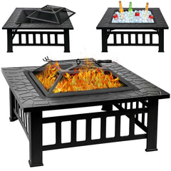 32-Inch Square Fire Pit with Spark Screen & Fire Poker