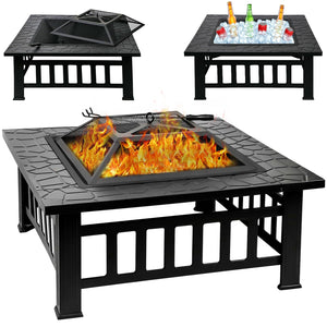 32-Inch Square Fire Pit with Spark Screen & Fire Poker