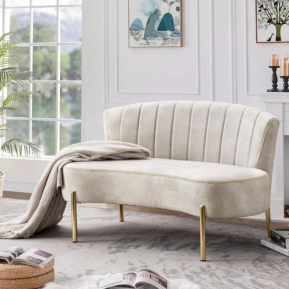 Upholstered Loveseat Bench with Tufted Back & Gold Legs