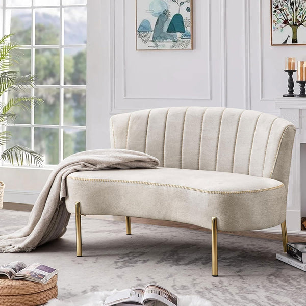 Upholstered Loveseat Bench with Tufted Back & Gold Legs