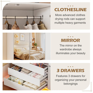 3-Door Wardrobe Closet with Mirror, LED Lights & Drawers