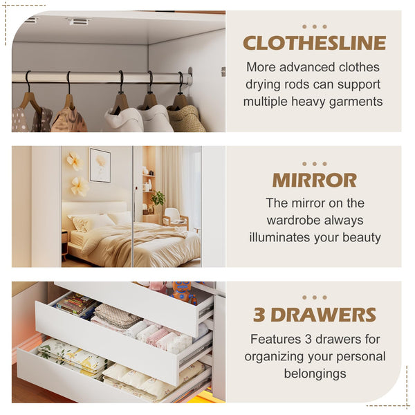 3-Door Wardrobe Closet with Mirror, LED Lights & Drawers