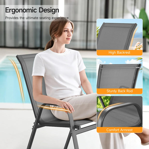 Stackable Patio Dining Chairs Set with Wide Seat & Metal Frame