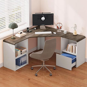 59-Inch L-Shaped Desk with Power Outlets & File Drawer