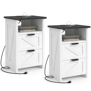Farmhouse Nightstand Set of 2 with Charging Station & Drawers