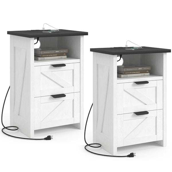 Farmhouse Nightstand Set of 2 with Charging Station & Drawers