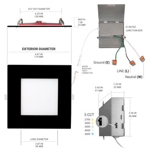 6-Inch Square Black Fire Rated LED Recessed Light 5CCT Selectable 12-Pack