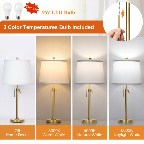 Adjustable Height Table Lamps Set of 2 – Modern Drum Shade with Pull Chain