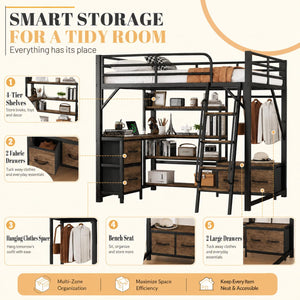 Metal Loft Bed with Desk, Storage & RGB LED Lights