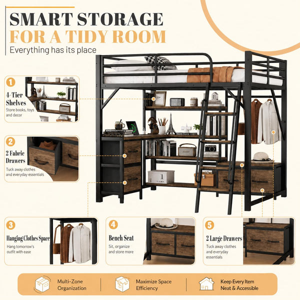 Metal Loft Bed with Desk, Storage & RGB LED Lights