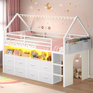 Twin Size Kids Loft Bed with Storage Drawers & LED Lights