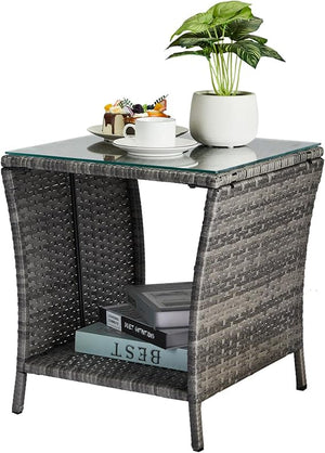 Outdoor Wicker Side Table with Glass Top