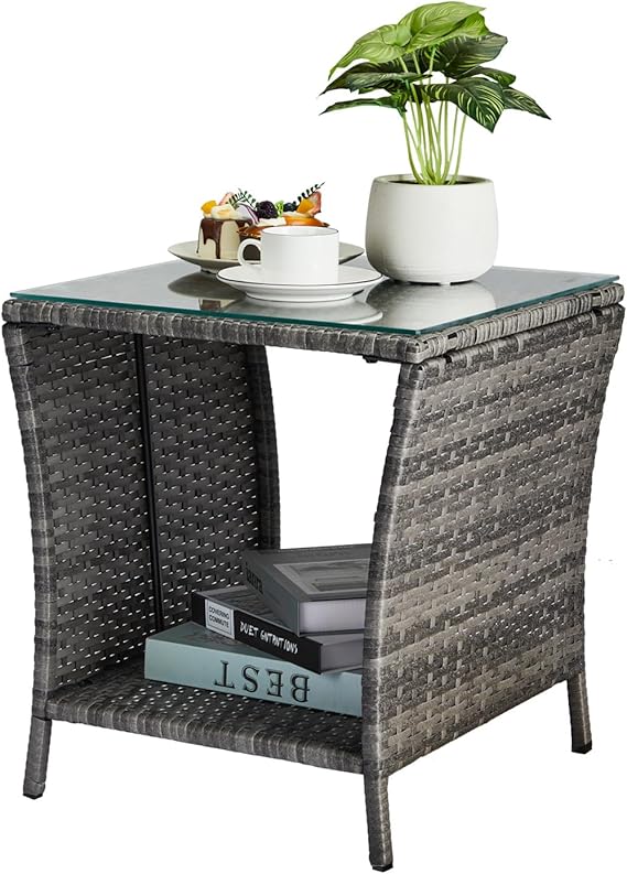 Outdoor Wicker Side Table with Glass Top