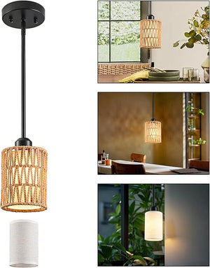 Rattan Boho Pendant Light with Linen Shade & Iron Rods | Adjustable Height