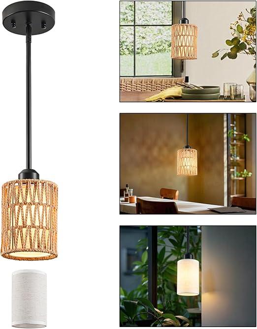 Rattan Boho Pendant Light with Linen Shade & Iron Rods | Adjustable Height
