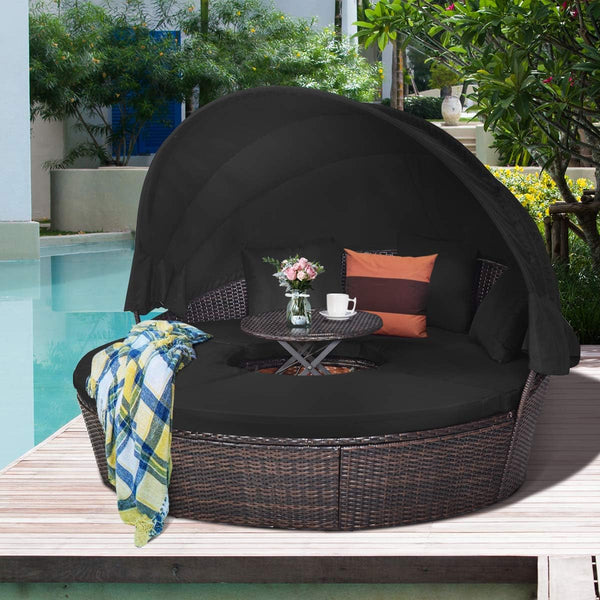 Outdoor Round Rattan Daybed with Retractable Canopy & Adjustable Coffee Table