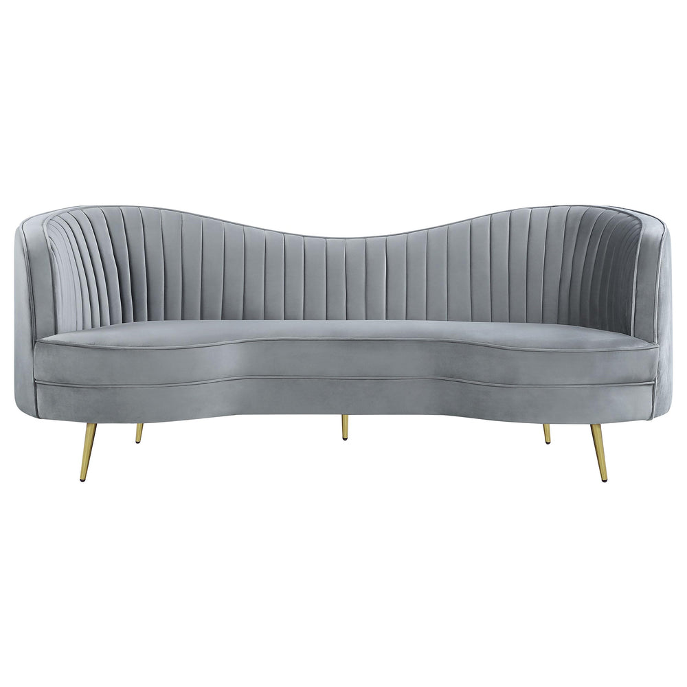 Gray Velvet Channel Tufted Sofa with Inverted Camelback