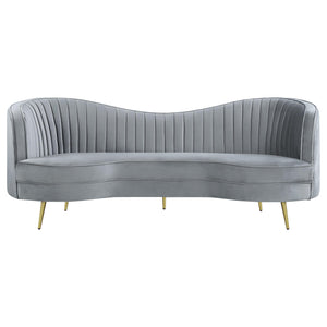 Gray Velvet Channel Tufted Sofa with Inverted Camelback