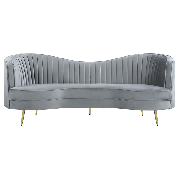 Gray Velvet Channel Tufted Sofa with Inverted Camelback