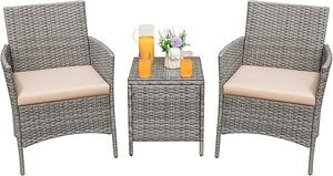 3-Piece Outdoor Rattan Patio Furniture Set with Cushions & Glass Table
