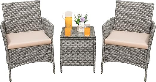 3-Piece Outdoor Rattan Patio Furniture Set with Cushions & Glass Table
