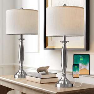 Modern Table Lamps Set of 2 with USB A+C Charging Ports – Brushed Steel Bedside Lamps with Fabric Drum Shade