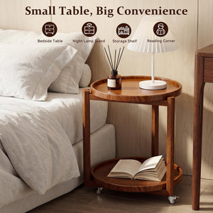 Round Side Table with Wheels & Storage Shelf