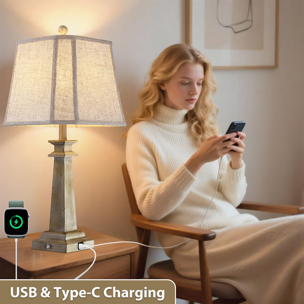 Farmhouse Touch Table Lamps Set of 2 with USB Charging Ports & Dimmable LED Bulbs