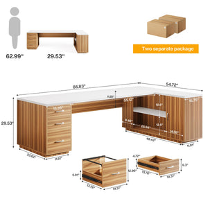 L-Shaped Executive Office Desk with File Drawers & Storage Cabinet