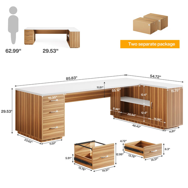 L-Shaped Executive Office Desk with File Drawers & Storage Cabinet