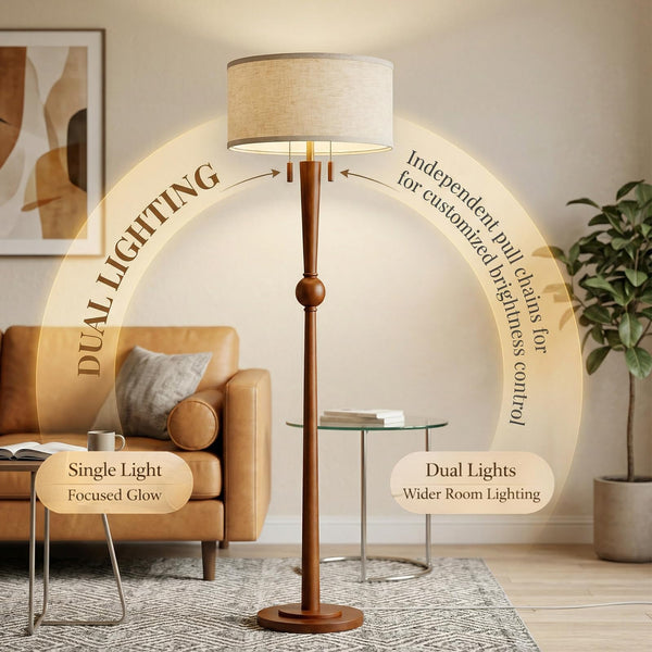 62.8" Wood Floor Lamp with 2-Light Pull Chain & Linen Drum Shade