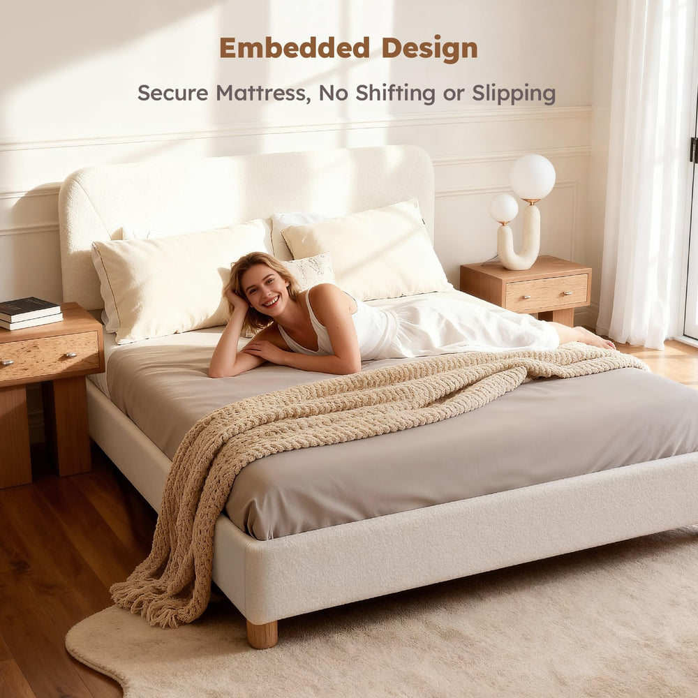 Boucle Upholstered Bed Frame with Adjustable Headboard