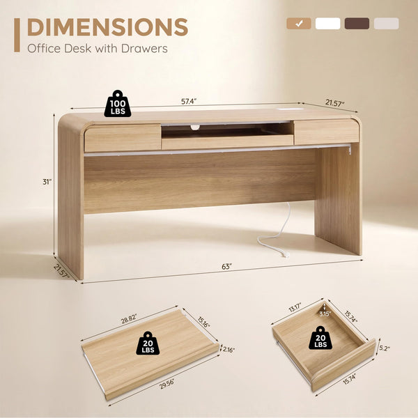 63" Curved Computer Desk with Drawers & Charging Station