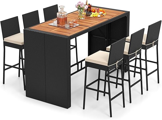 5-Piece Outdoor Wicker Bar Set with Acacia Wood Table & 4 Bar Stools
