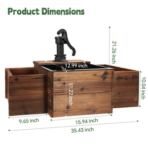 Outdoor Wooden Water Fountain with Hand Pump & Flower Box