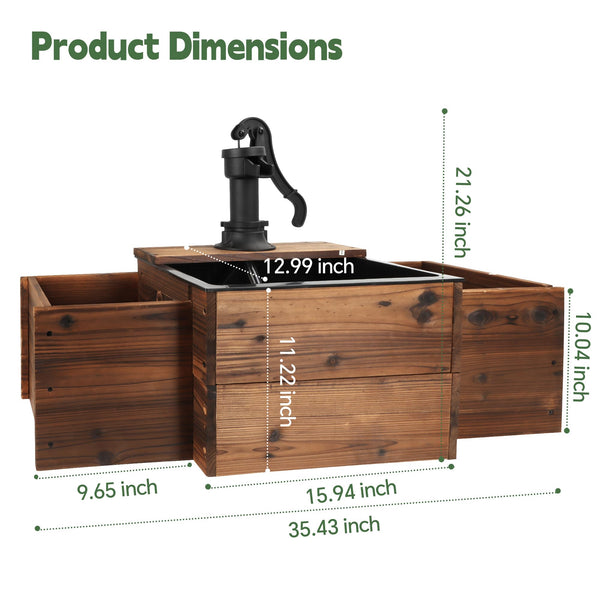 Outdoor Wooden Water Fountain with Hand Pump & Flower Box