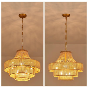 20" Boho Wood Beaded Rattan Chandelier Pendant Light, 6-Light