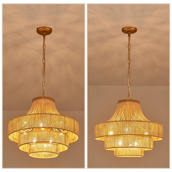 20" Boho Wood Beaded Rattan Chandelier Pendant Light, 6-Light