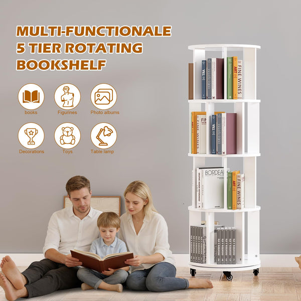 Rotating Bookshelf Tower with Wheels