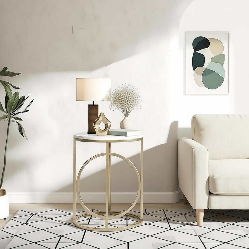 Round End Table with Gold O-Shaped Base