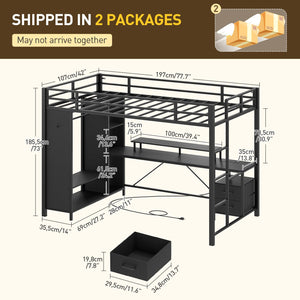 Twin Size Loft Bed with Desk, Wardrobe & Charging Station