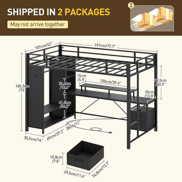 Twin Size Loft Bed with Desk, Wardrobe & Charging Station