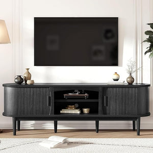 Mid-Century TV Stand with Power Outlets & Fluted Sliding Doors